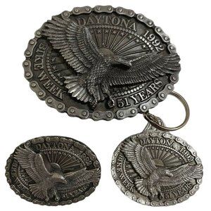 Rare 1992 Daytona Bike Week Pewter 3D Eagle Belt Buckle Keychain Vintage 90s